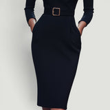 Vestido Midi Pencil Cuello Mandarín Cinturón