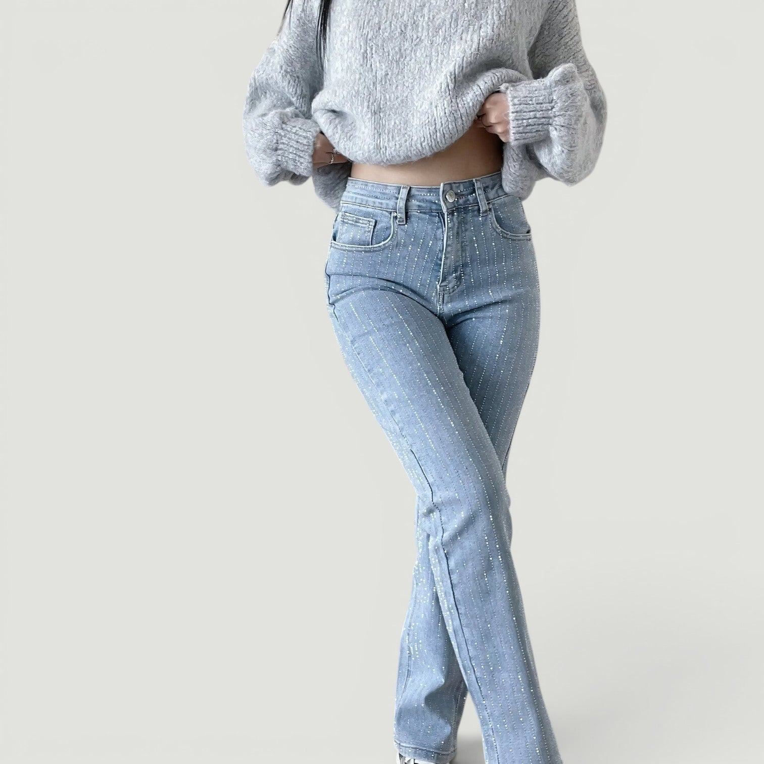 Pantalón Mujer Denim Strass Straight Leg Cintura Alta