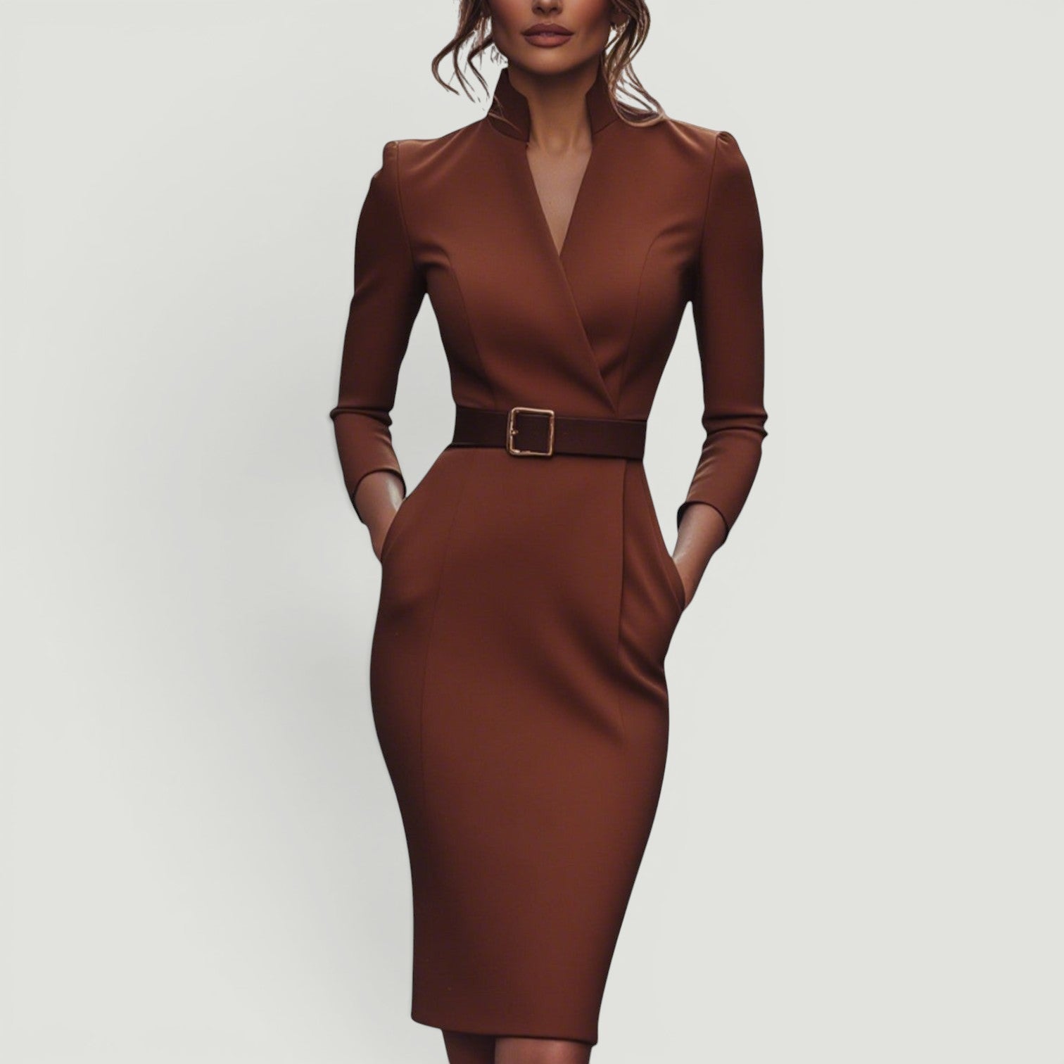 Vestido Midi Pencil Cuello Mandarín Cinturón