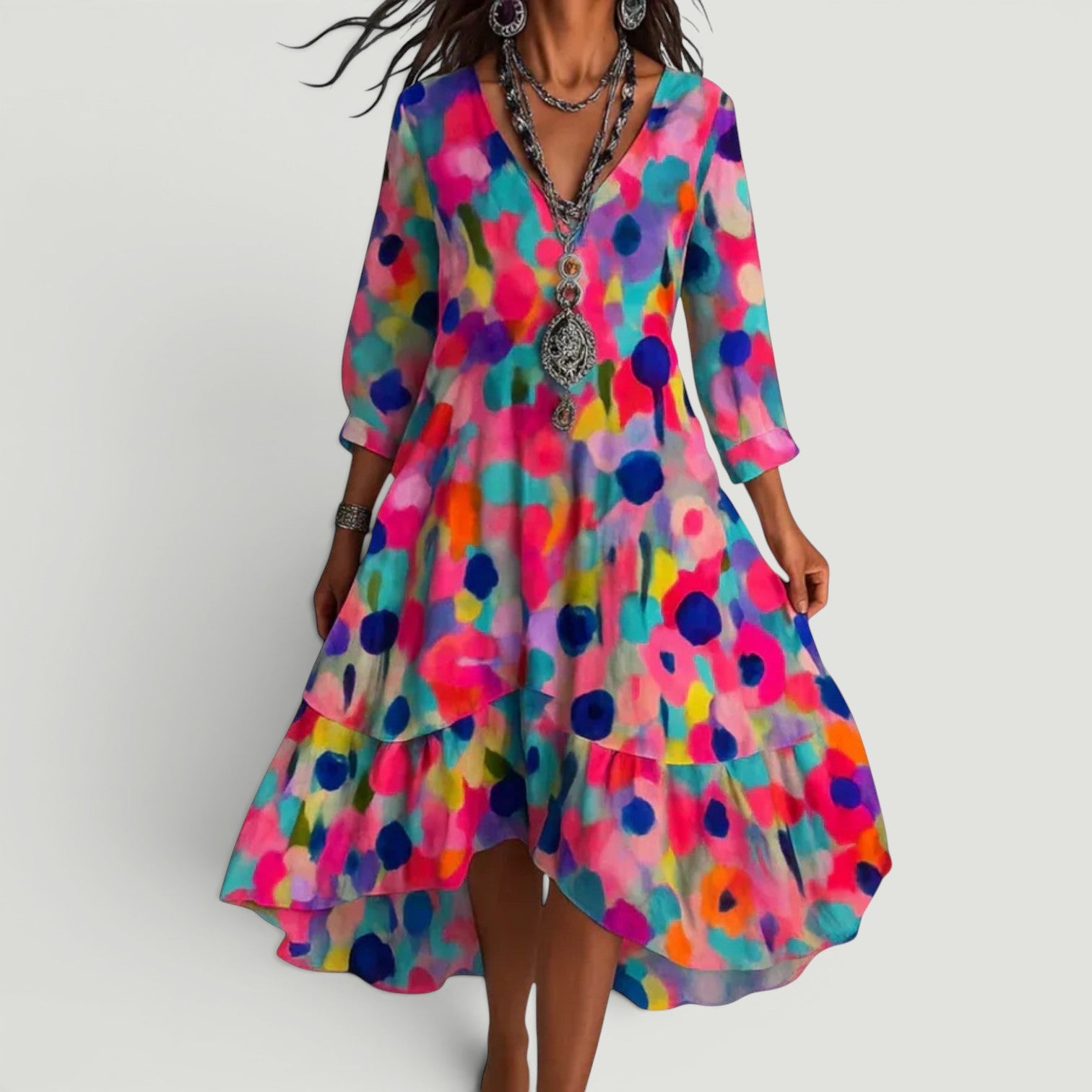 Vestido Midi Florales Boho Manga Tres Cuartos