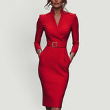 Vestido Midi Pencil Cuello Mandarín Cinturón