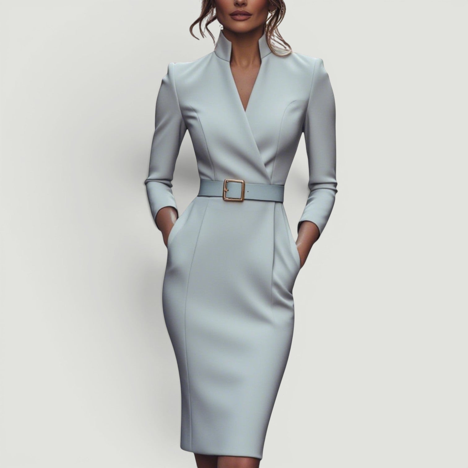 Vestido Midi Pencil Cuello Mandarín Cinturón