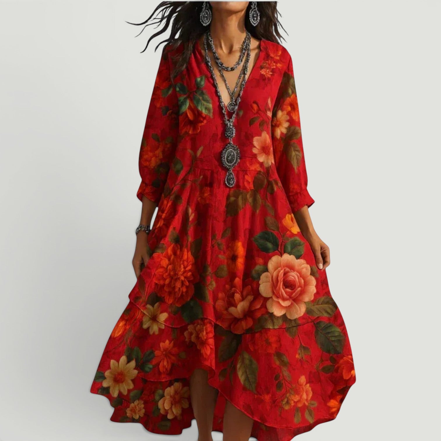 Vestido Midi Florales Boho Manga Tres Cuartos
