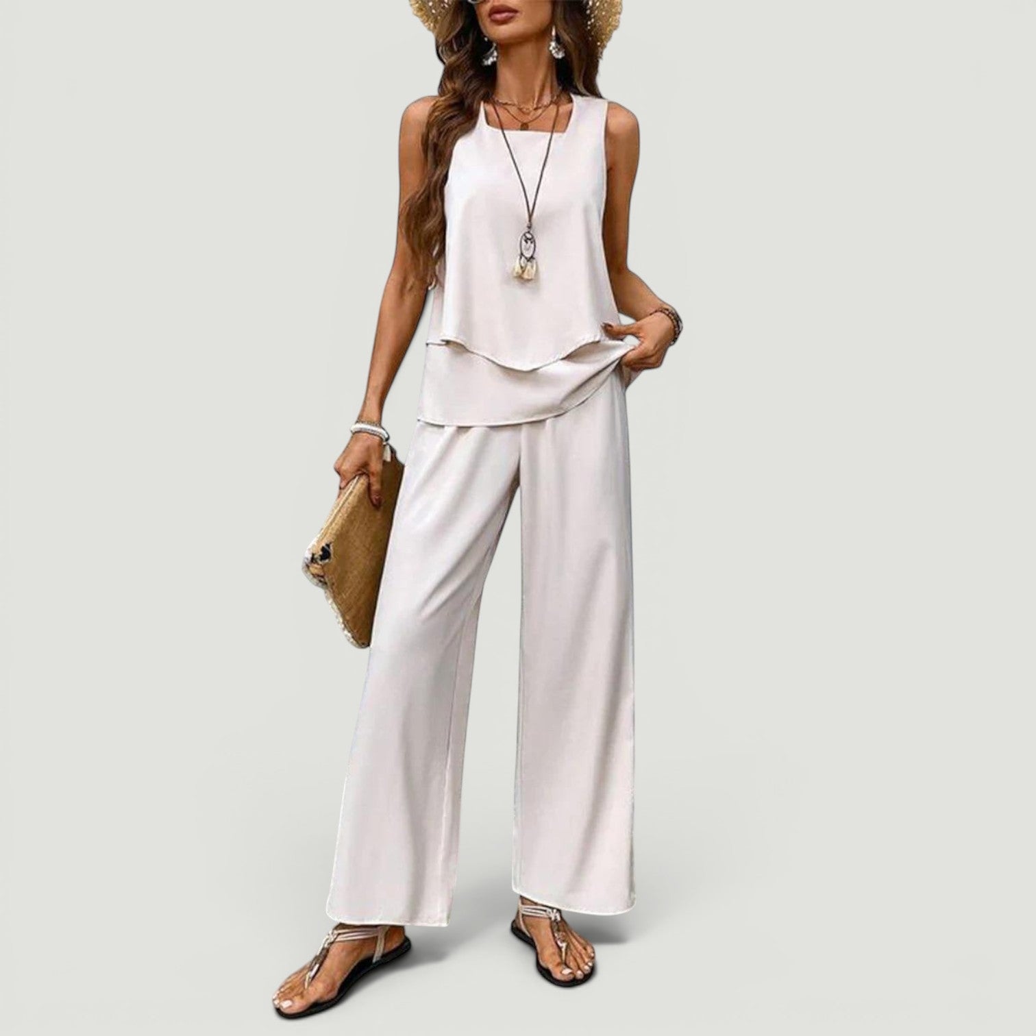 Conjunto Top Borda Ondulada Pantalón Botánico Mujer