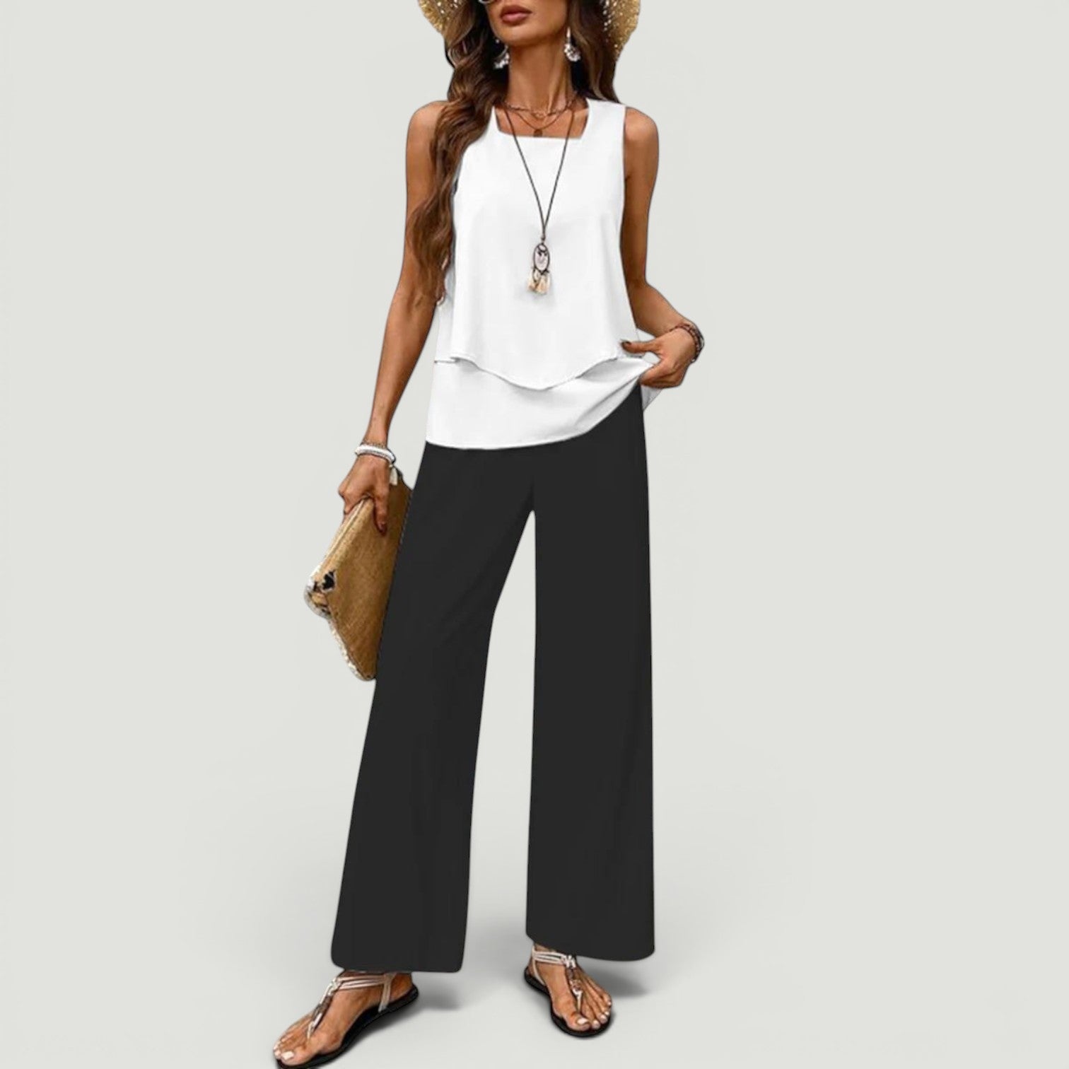 Conjunto Top Borda Ondulada Pantalón Botánico Mujer