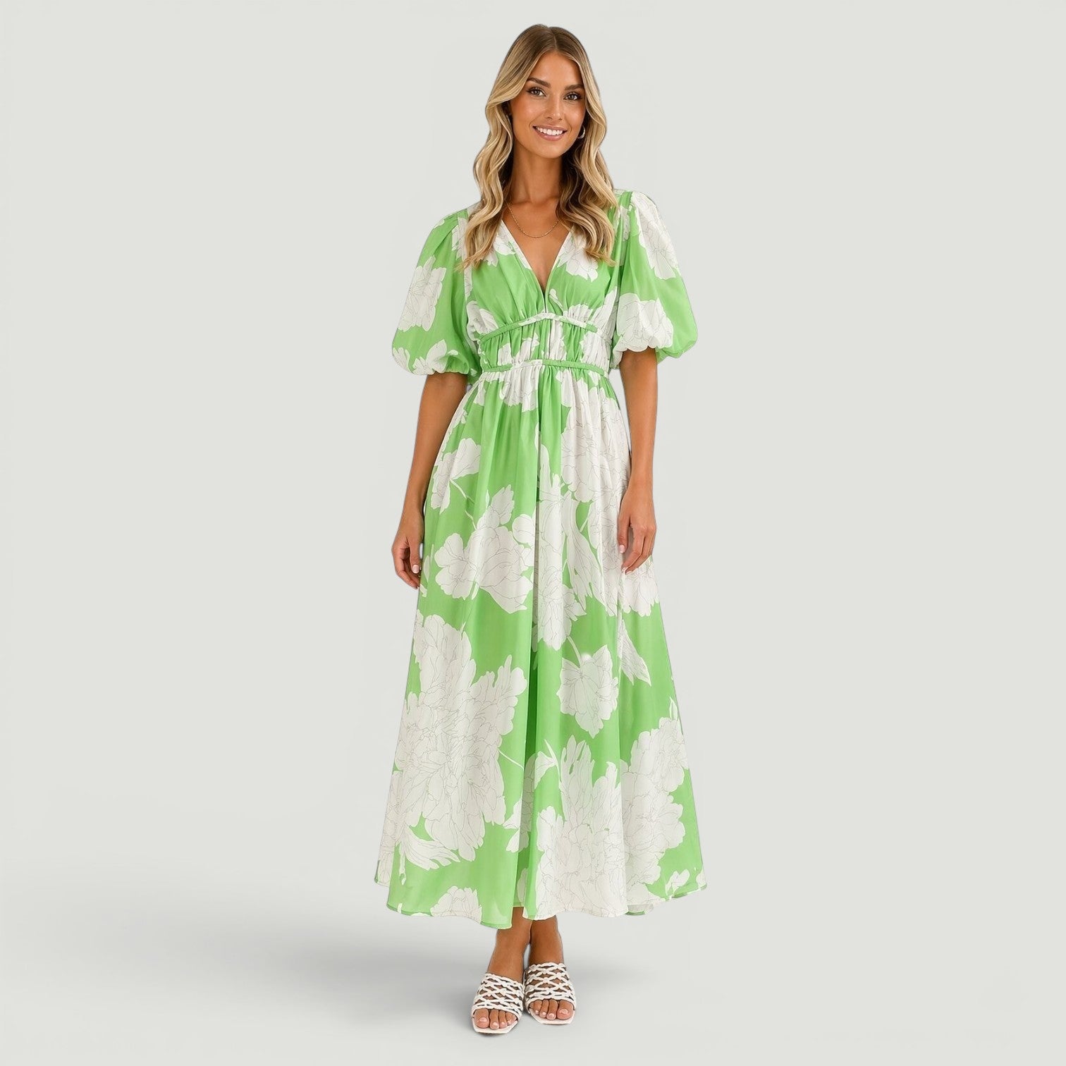 Vestido Midi Florales Manga Globo Escote V