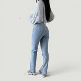 Pantalón Mujer Denim Strass Straight Leg Cintura Alta