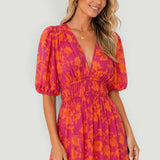 Vestido Midi Florales Manga Globo Escote V