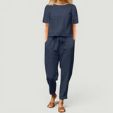 Conjunto Lino Top Manga Corta Pantalón Tapered Mujer