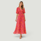 Vestido Midi Florales Manga Globo Escote V