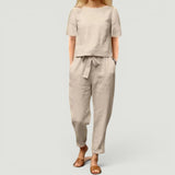 Conjunto Lino Top Manga Corta Pantalón Tapered Mujer