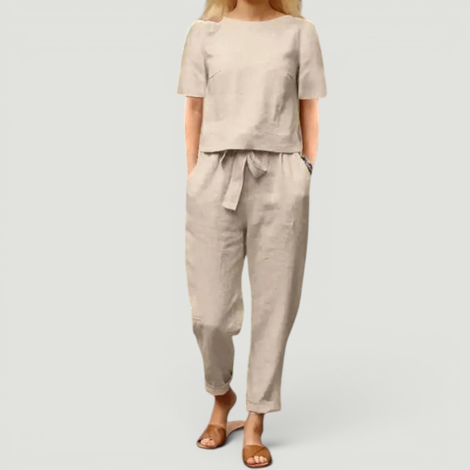 Conjunto Lino Top Manga Corta Pantalón Tapered Mujer