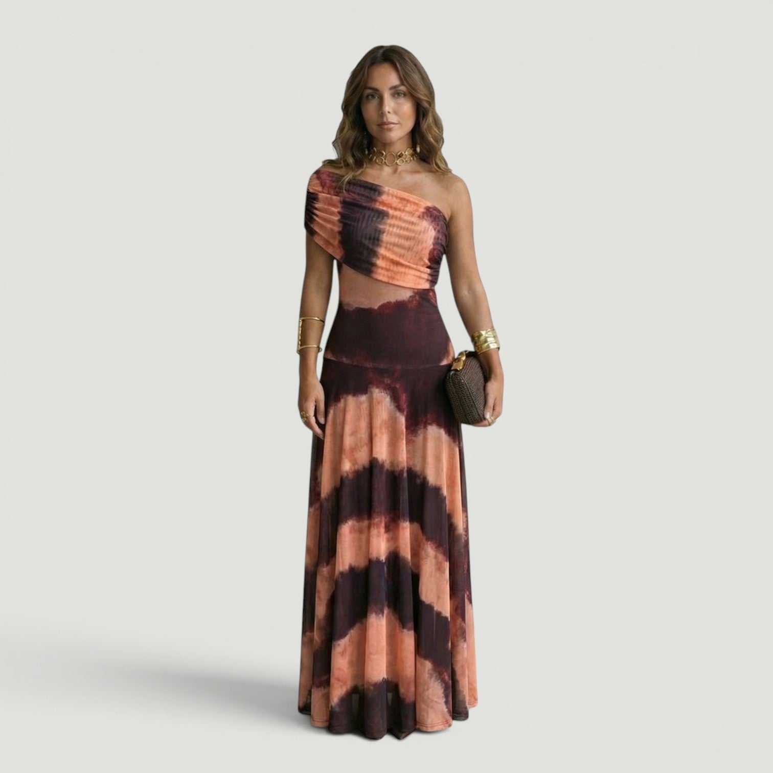 Vestido Largo Un Hombro Drapeado Falda Evasé