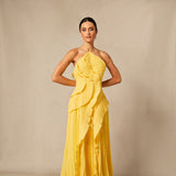 Vestido Midi Halter Plisado con Volantes