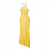 Vestido Midi Halter Plisado con Volantes