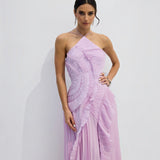 Vestido Midi Halter Plisado con Volantes