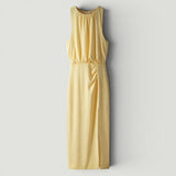 Vestido Midi Sin Mangas Escote Redondo Fruncido