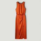 Vestido Midi Sin Mangas Escote Redondo Fruncido