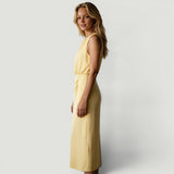 Vestido Midi Sin Mangas Escote Redondo Fruncido