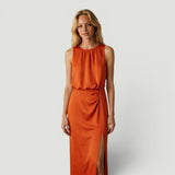 Vestido Midi Sin Mangas Escote Redondo Fruncido