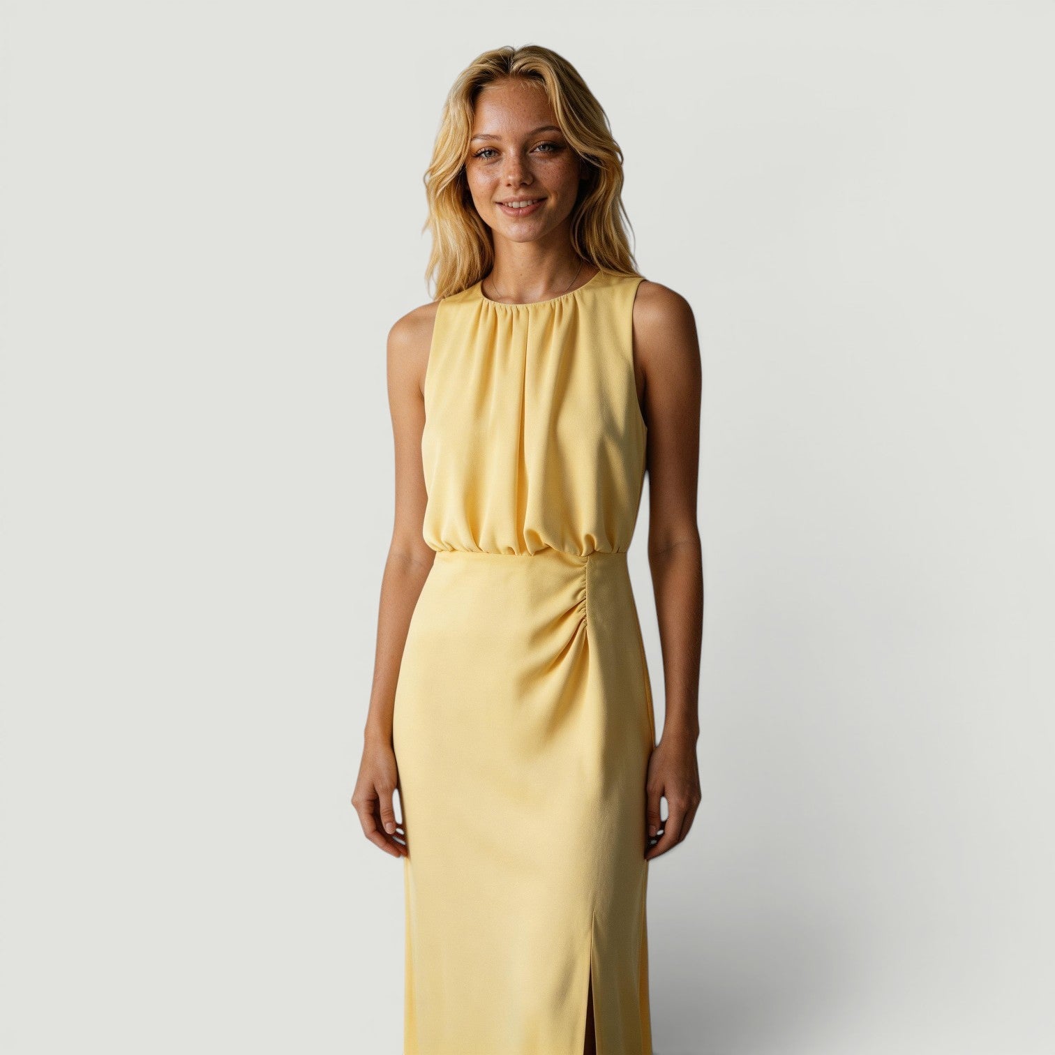 Vestido Midi Sin Mangas Escote Redondo Fruncido