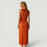 Vestido Midi Sin Mangas Escote Redondo Fruncido