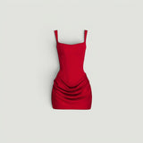 Vestido Corto Corsé Falda Satén Drapeada