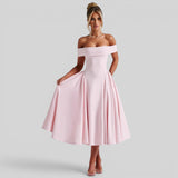 Vestido Midi Off-Shoulder Plisado