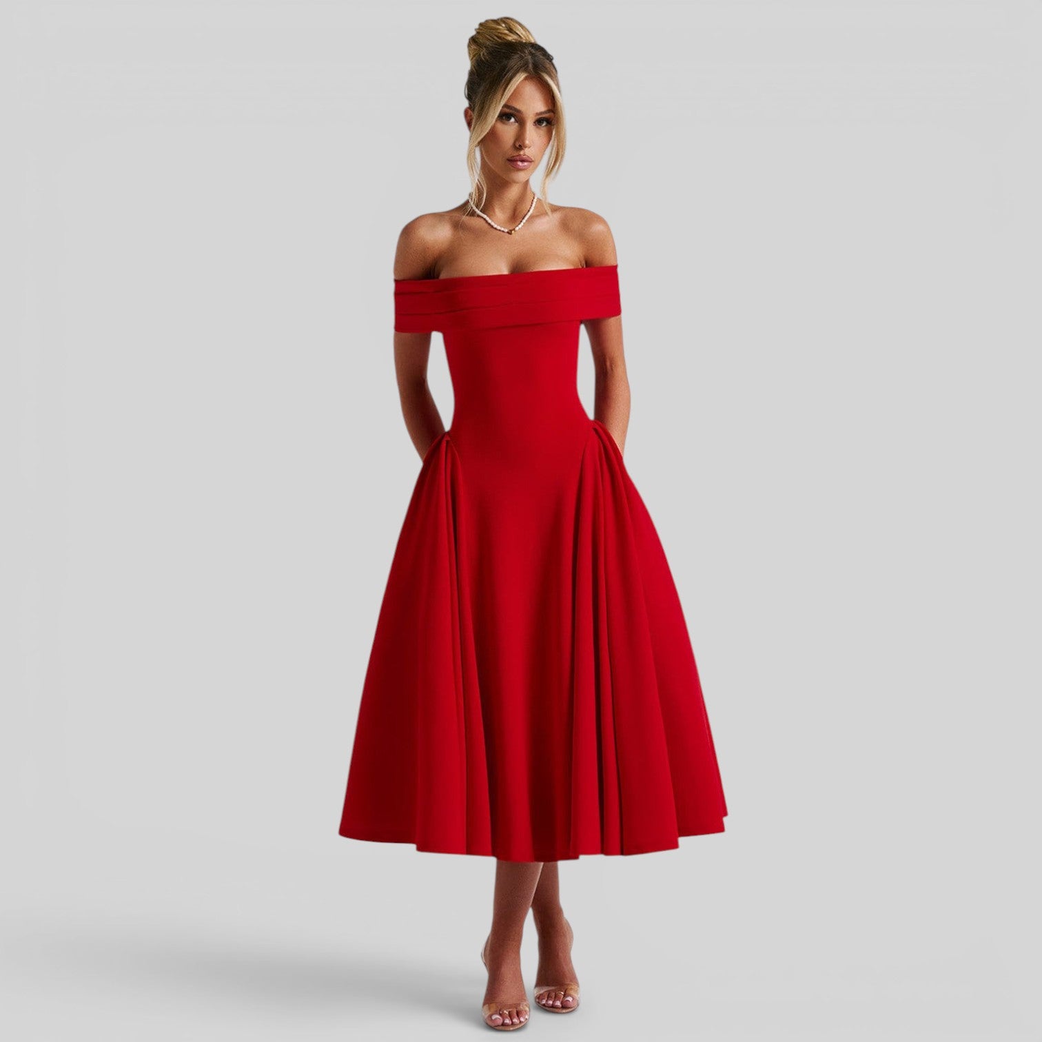 Vestido Midi Off-Shoulder Plisado