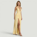 Vestido Largo Halter Escote V Ruching