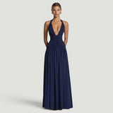 Vestido Largo Halter Escote V Ruching