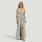Vestido Largo Halter Escote V Ruching