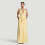 Vestido Largo Halter Escote V Ruching