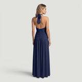 Vestido Largo Halter Escote V Ruching