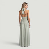 Vestido Largo Halter Escote V Ruching