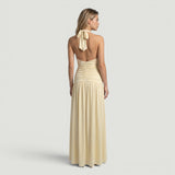 Vestido Largo Halter Escote V Ruching