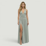 Vestido Largo Halter Escote V Ruching