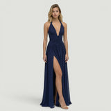 Vestido Largo Halter Escote V Ruching