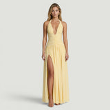 Vestido Largo Halter Escote V Ruching