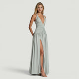Vestido Largo Halter Escote V Ruching