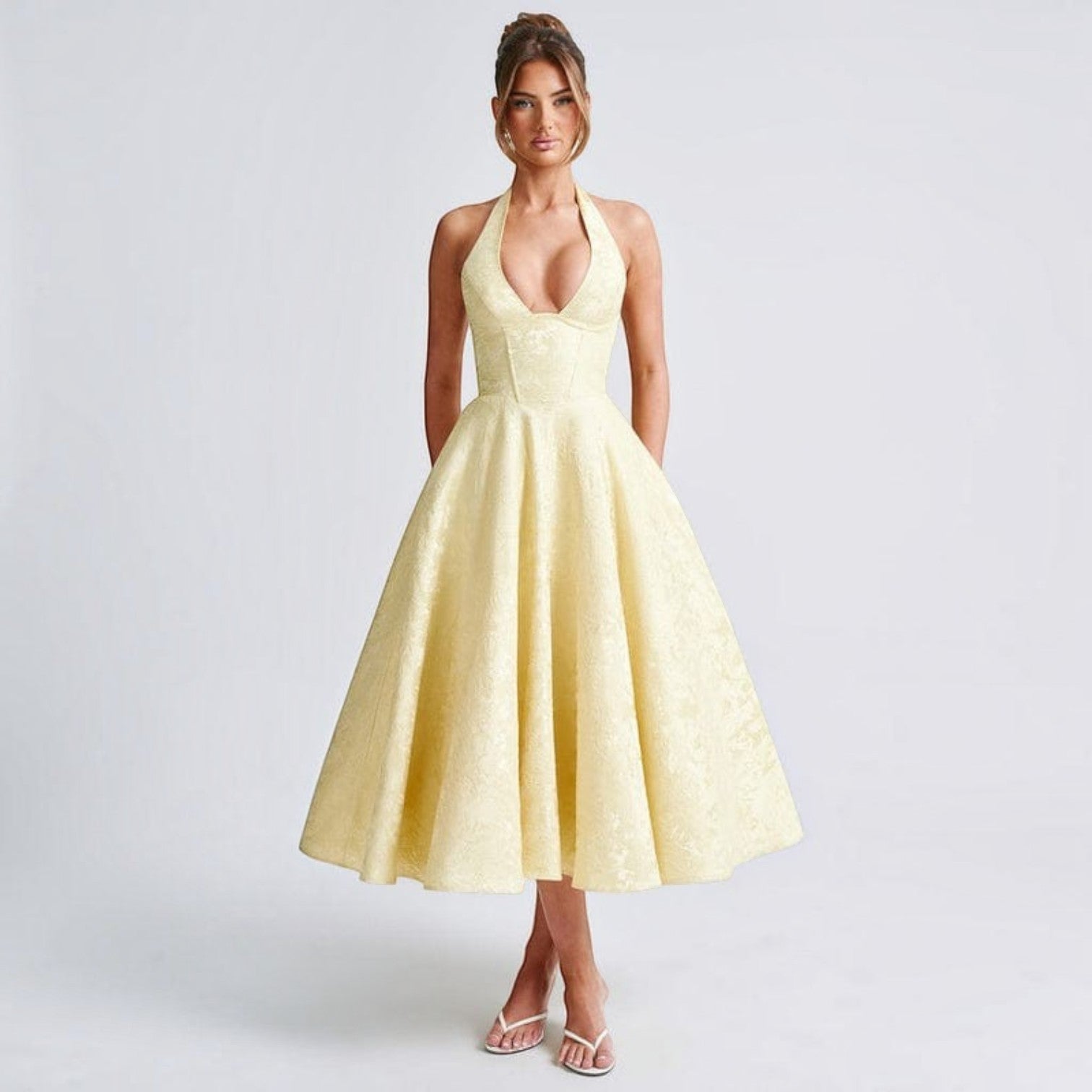 Vestido Midi Escote V Plisado