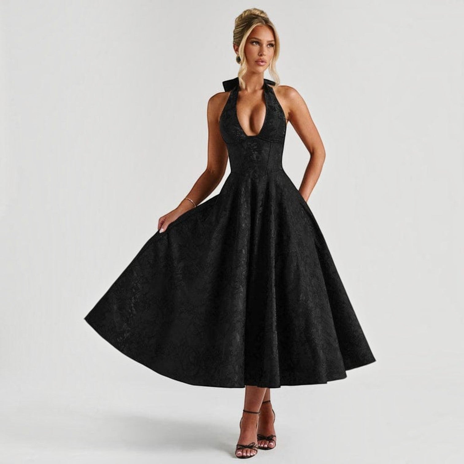 Vestido Midi Escote V Plisado