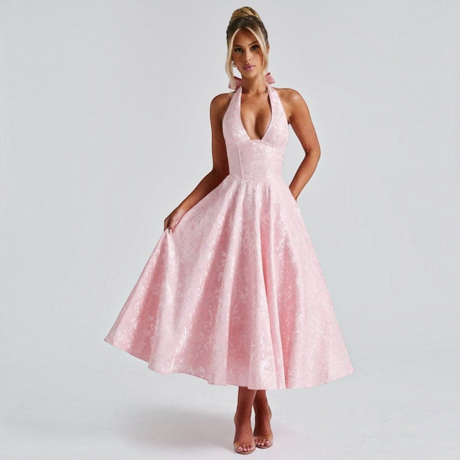 Vestido Midi Escote V Plisado