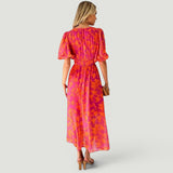Vestido Midi Florales Manga Globo Escote V