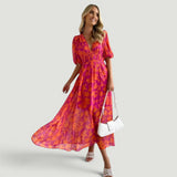 Vestido Midi Florales Manga Globo Escote V