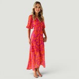 Vestido Midi Florales Manga Globo Escote V