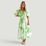 Vestido Midi Florales Manga Globo Escote V