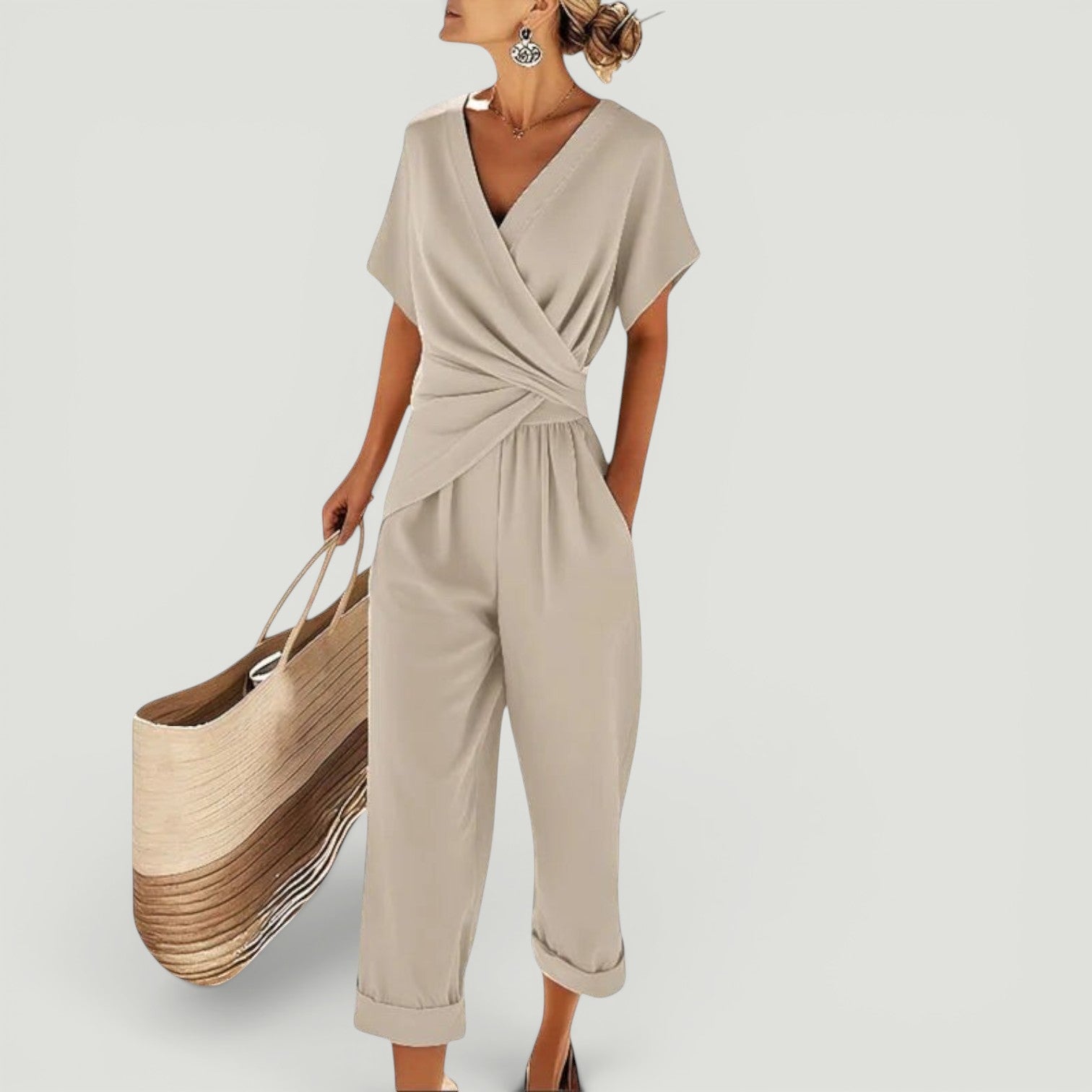 Mono Mujer Escote V Wrap Manga Dolman Pantalón Ancho