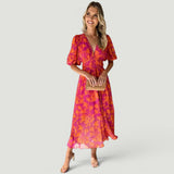 Vestido Midi Florales Manga Globo Escote V
