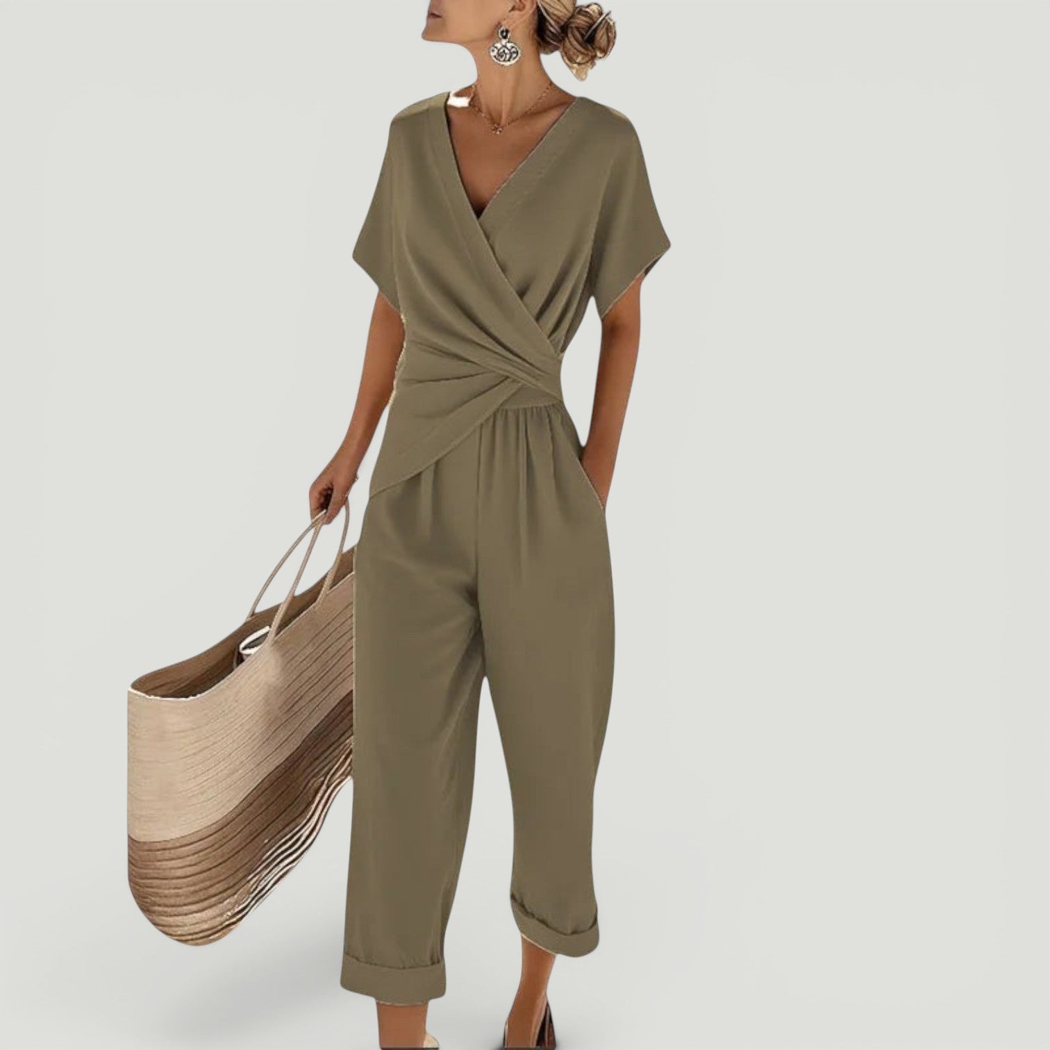 Mono Mujer Escote V Wrap Manga Dolman Pantalón Ancho